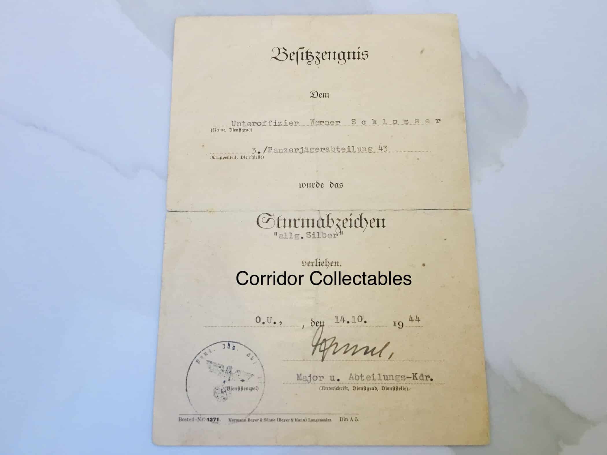 Citation Sturmabzeichen in Silber Panzerjager Abteilung 43 Jagdpanzer IV