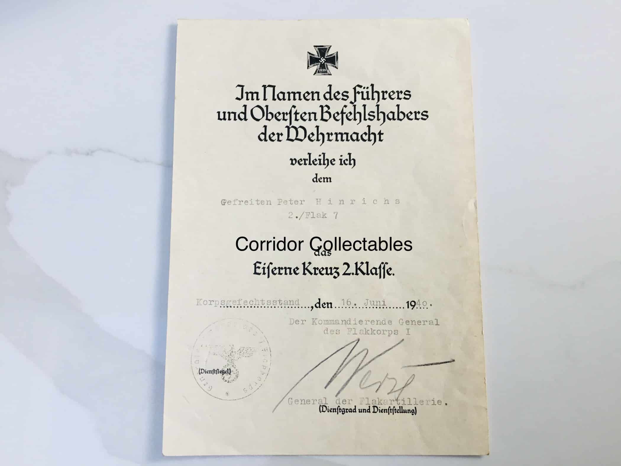 Citation EK 2 Flak Regiment 7 France 1940 Weise signature