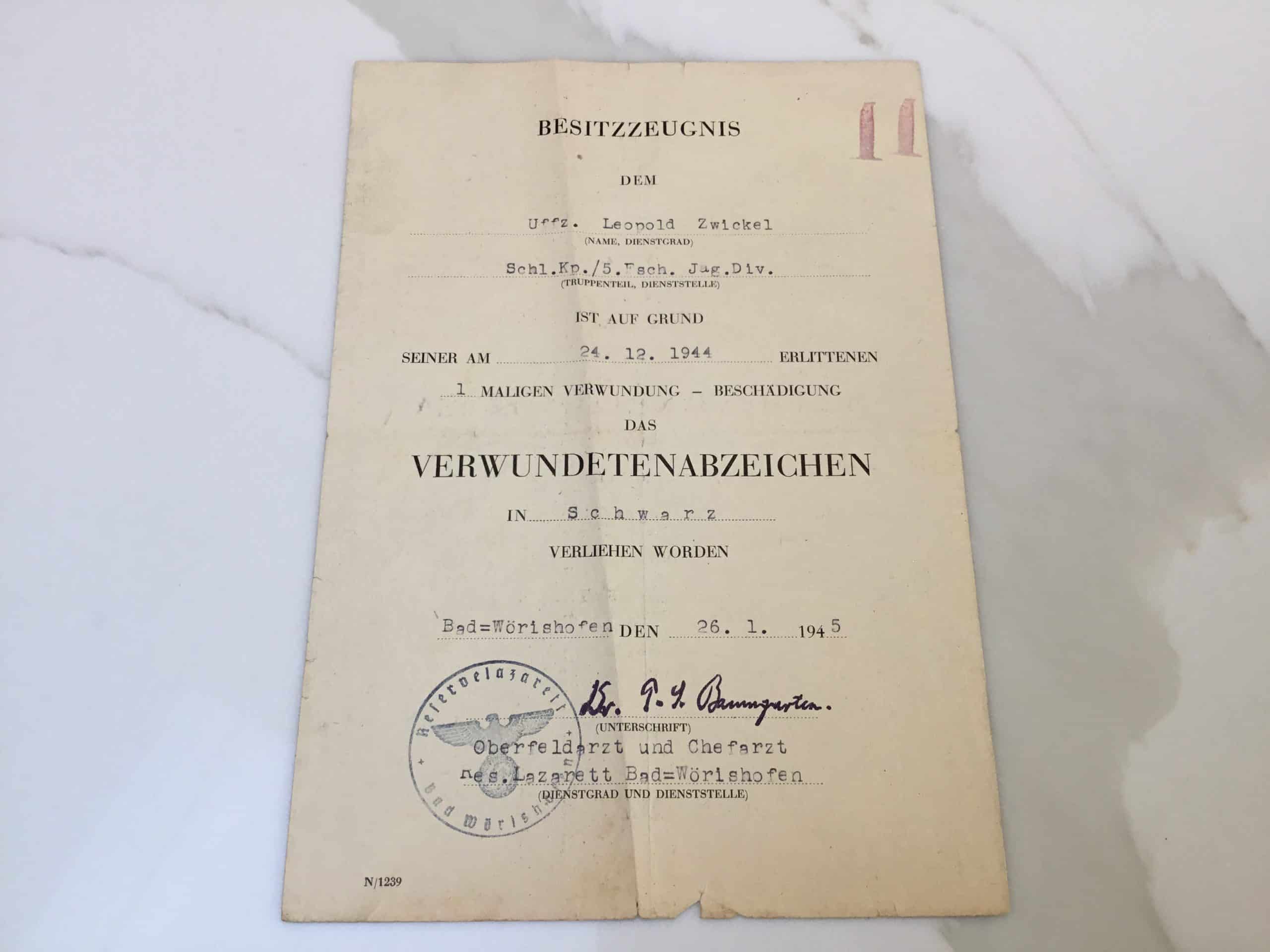 Citation Wounded badge in Black 5. Fallschirmjager Division Ardennes 1944