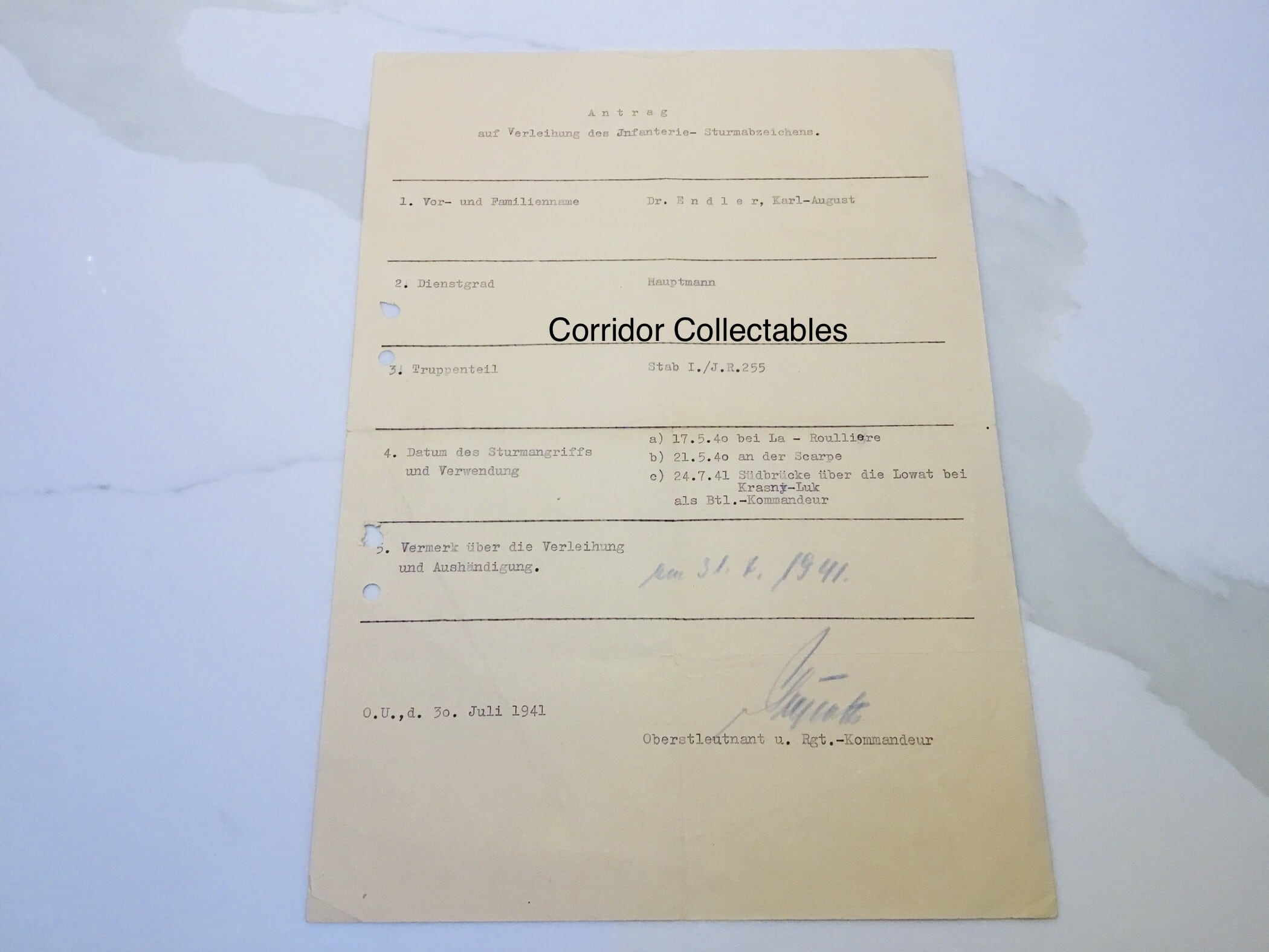 Infanterie Sturmabzeichen Application document Hauptmann DKIG  France 1940 - Russia 1941