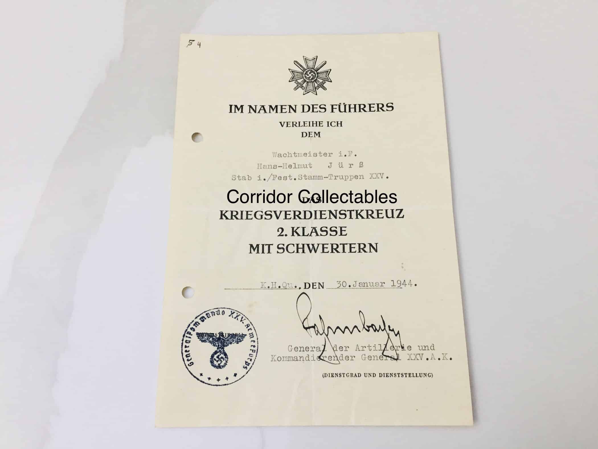 Citation KvK 2 with Swords Bretagne XXV Armee Fahrmbacher signature