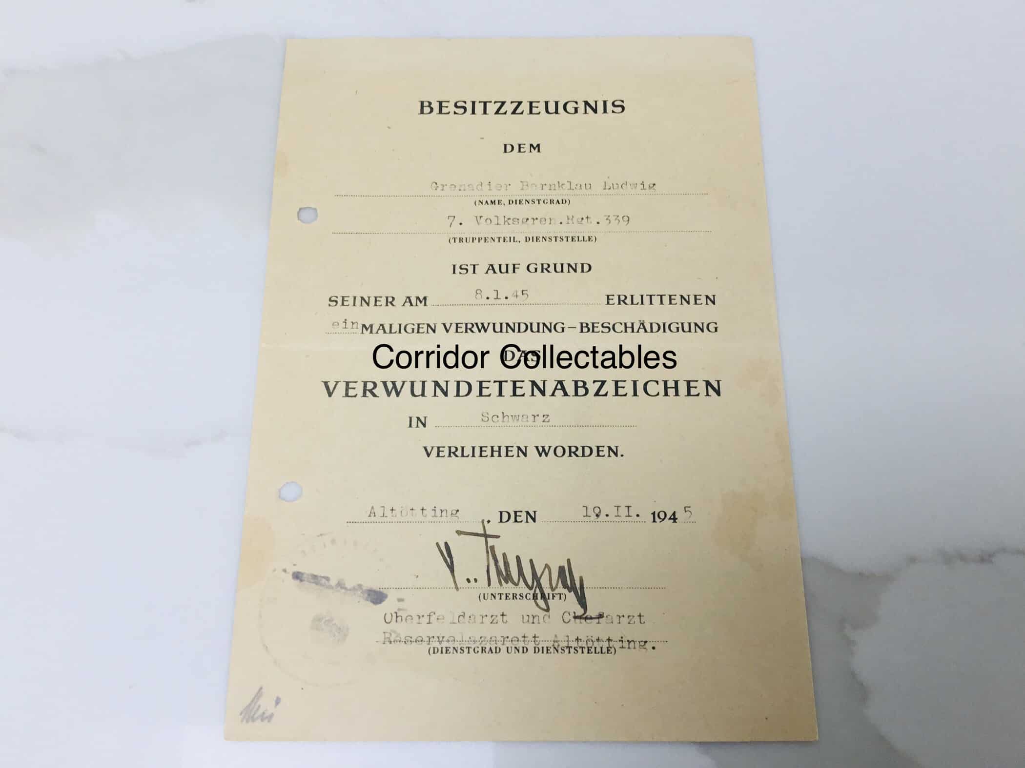 Citation Wounded badge in Black 167. Volksgrenadier Division Ardennes 1945