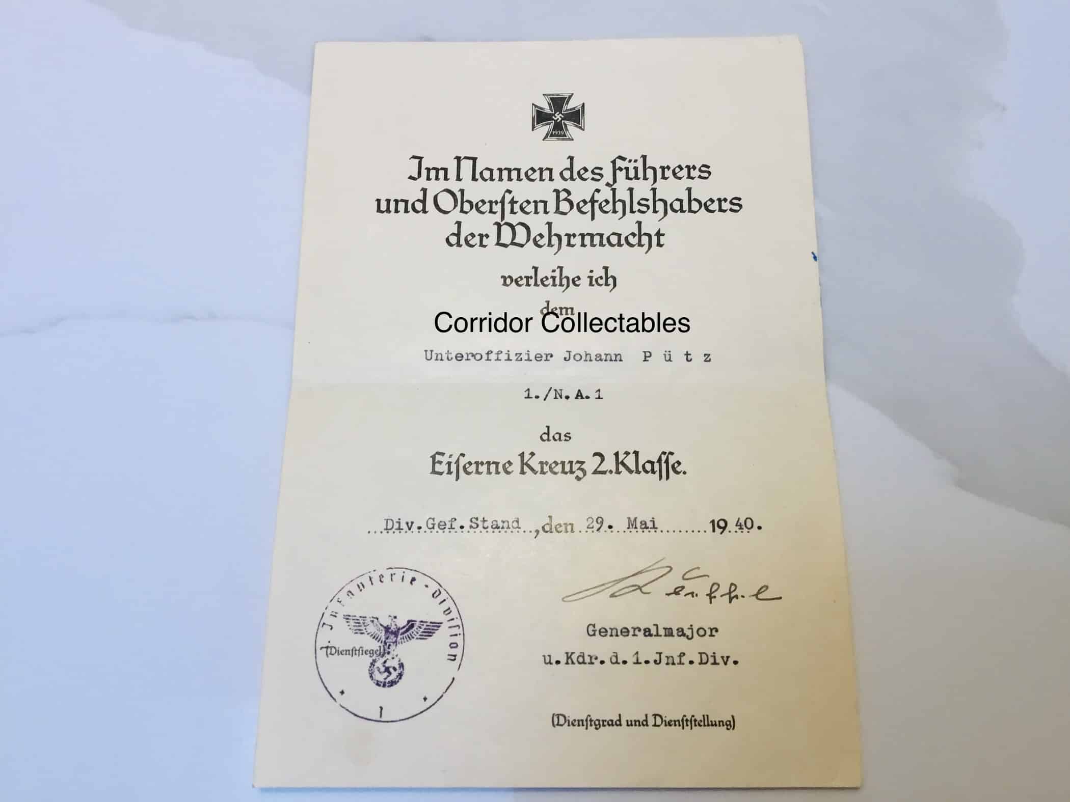 Citation EK 2 - 1. Infanterie Division Belgium - France 1940 Kleffel signature