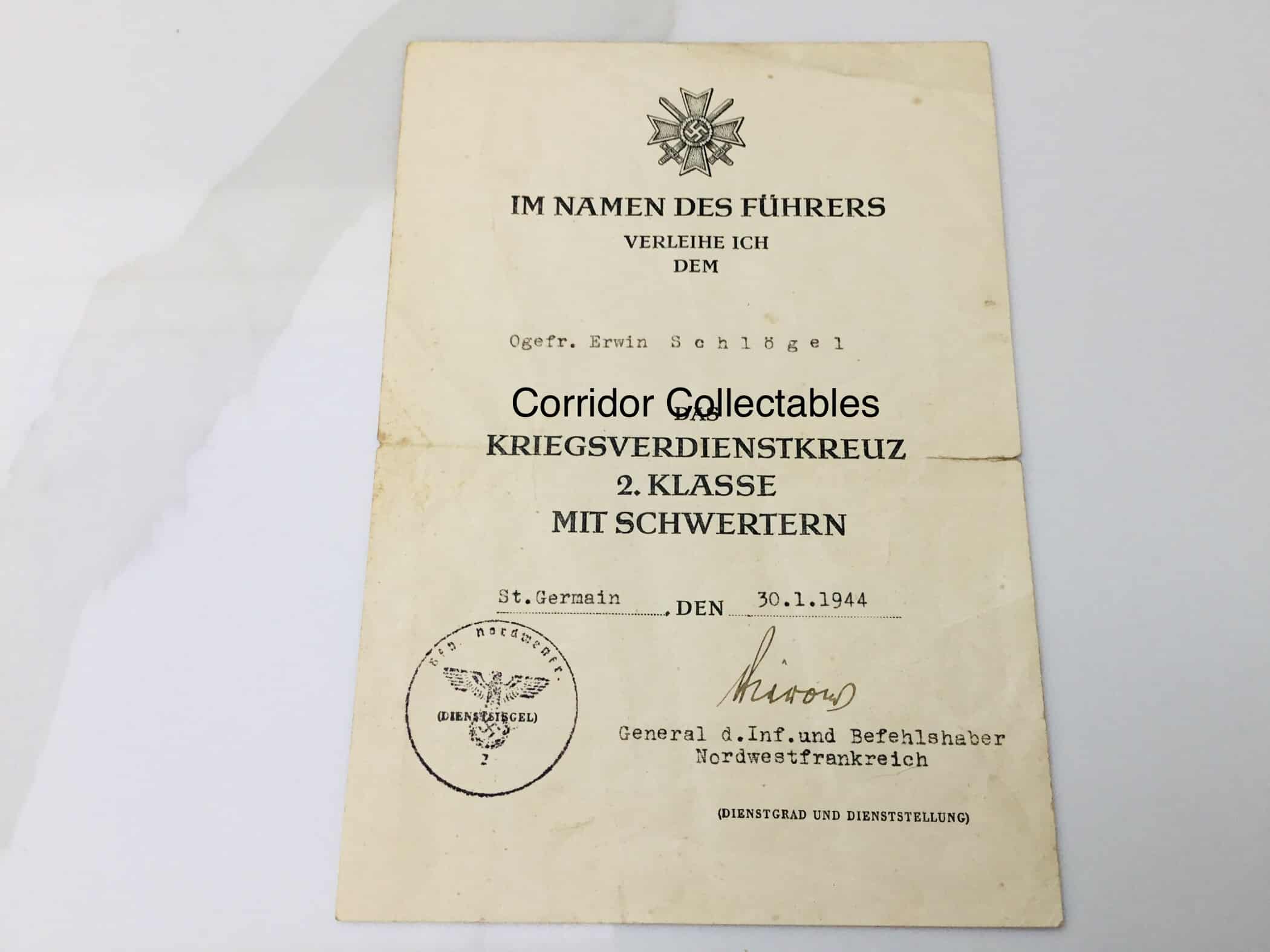 Citation KvK 2 St. Germain France 1944 Vierow signature