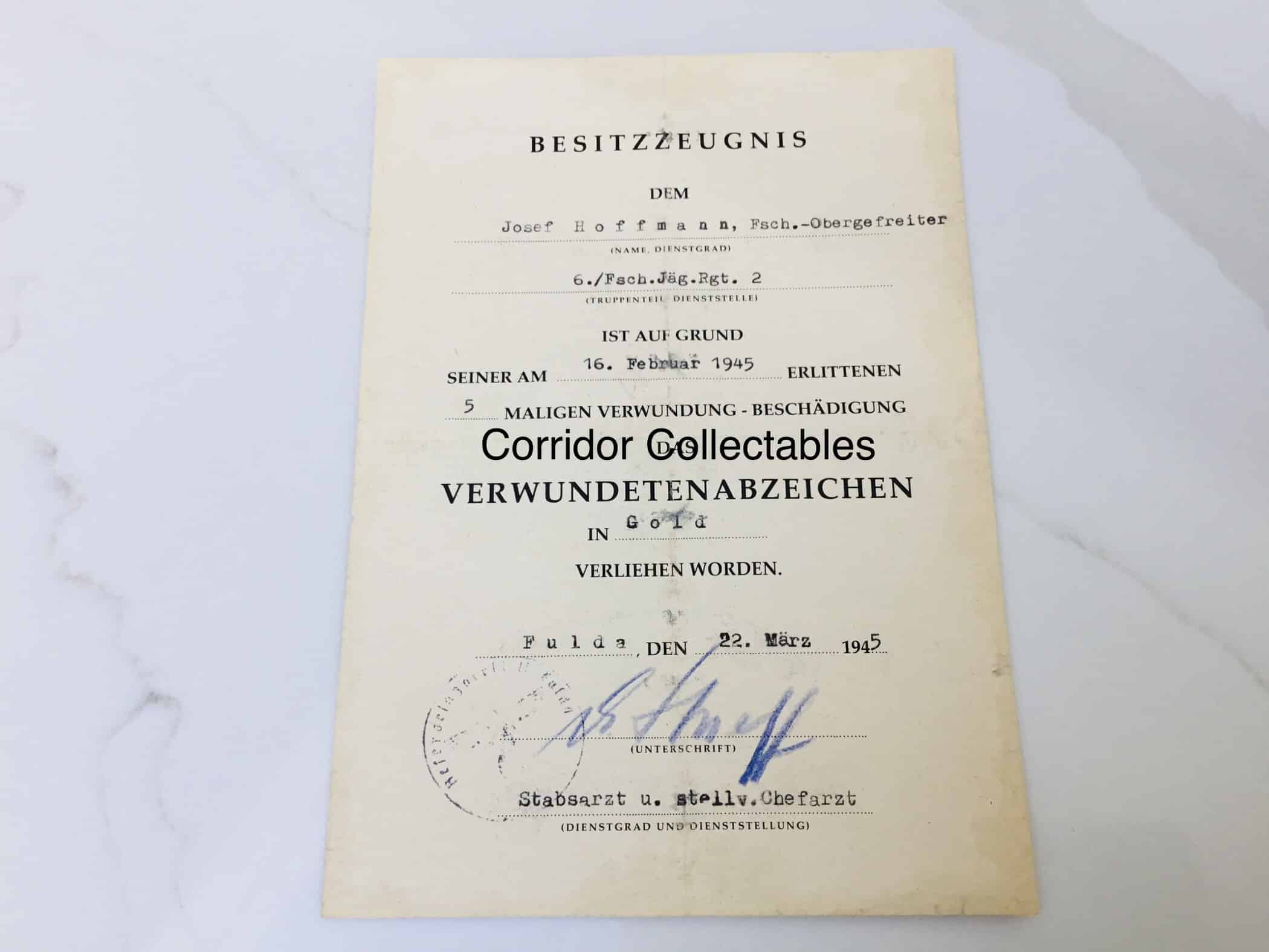 Citation Wounded badge in Gold Fallschirmjager Regiment 2 Holland 1945