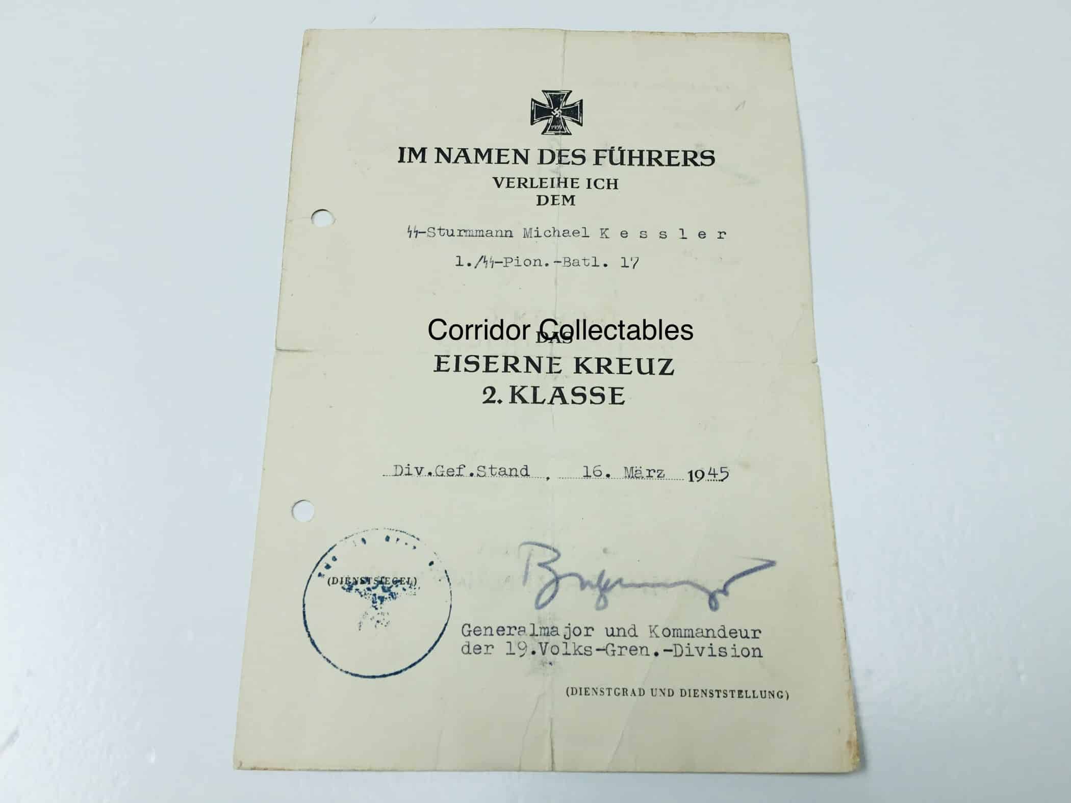 Citation EK 2 - 17. SS Panzergrenadier Division Gotz von Berlichingen 1945