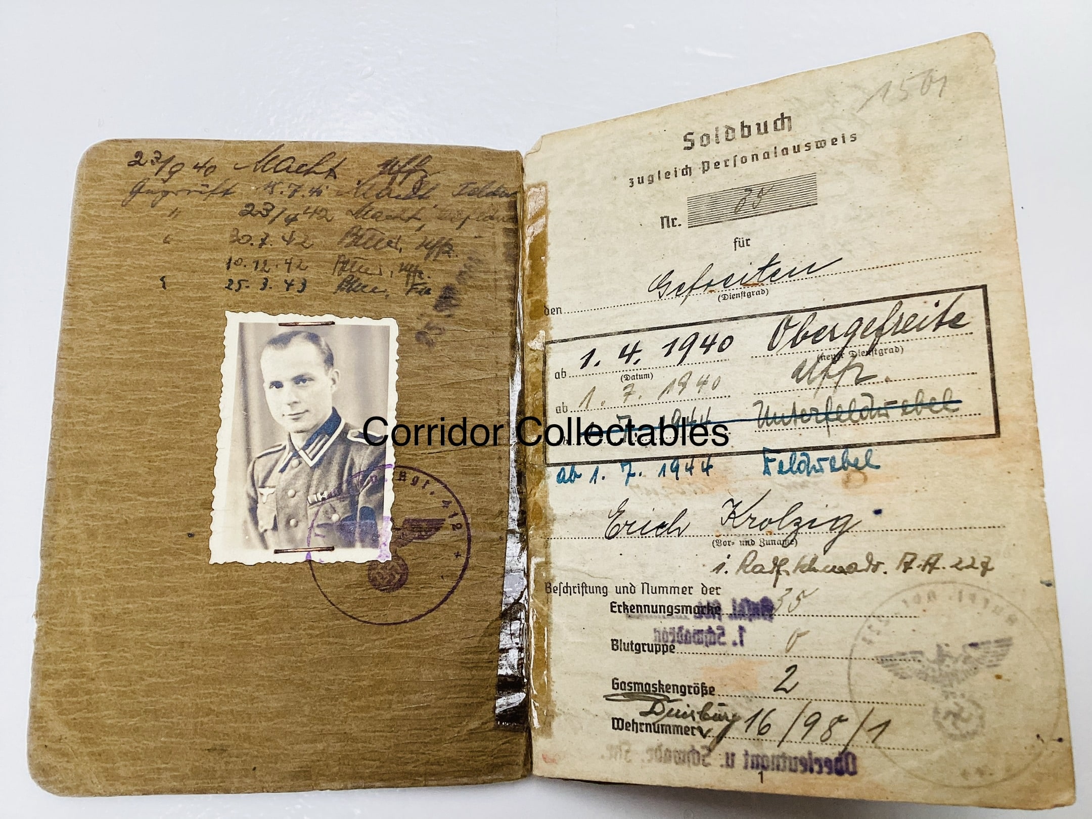 Soldbuch 227. Infanterie Division Grebbestelling May 1940 EK 2