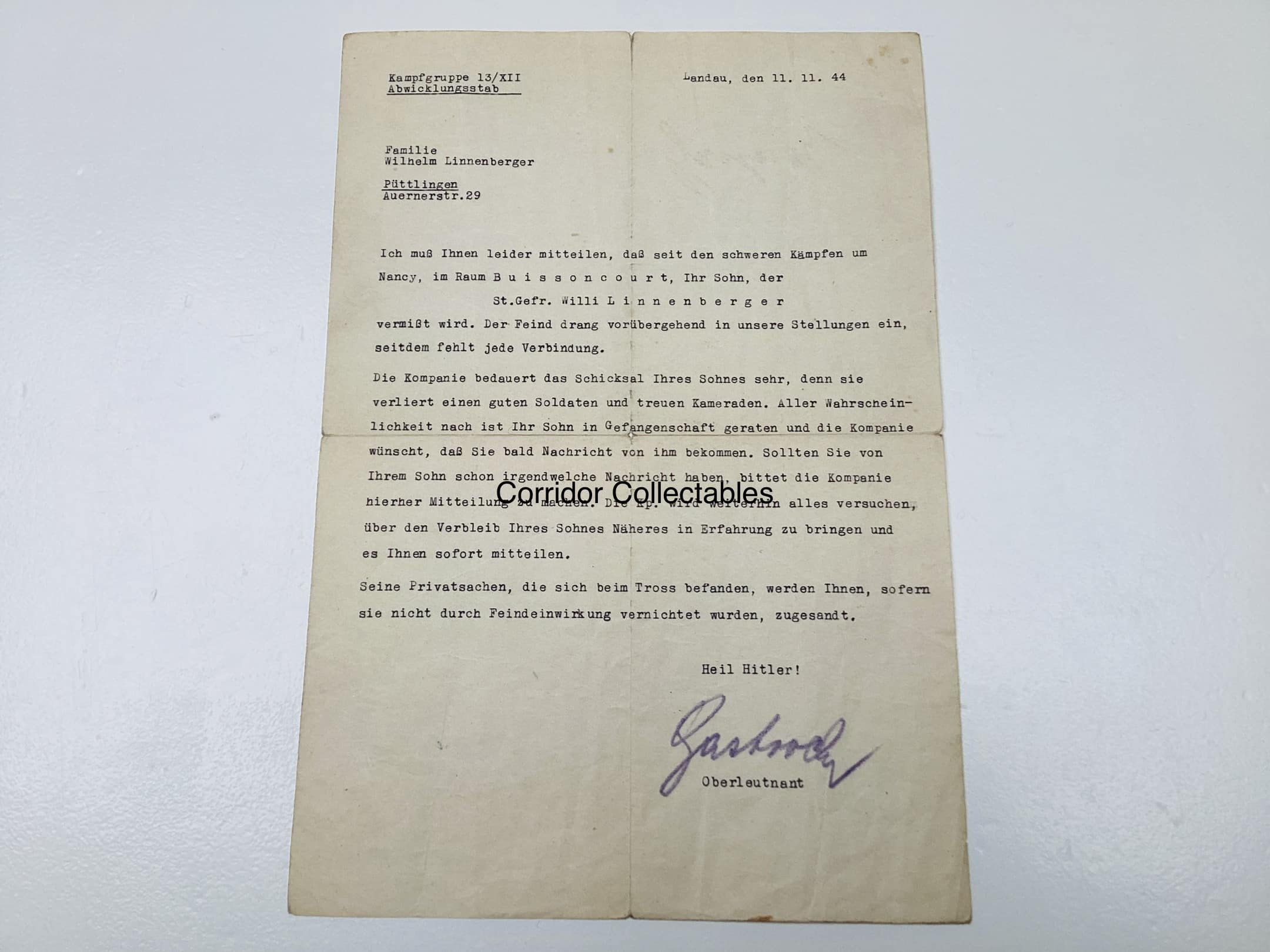 MIA letter to family Kampfgruppe 13/XII Nancy area France 1944