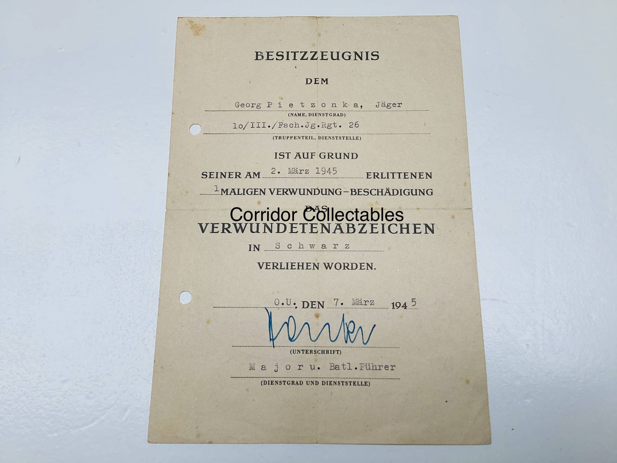 Citation Wounded badge Fallschirmjager Regiment 26 Festung Breslau 1945